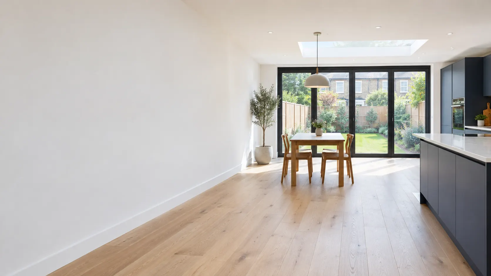 A bright home extension with oak flooring and bi-fold doors opening onto a garden